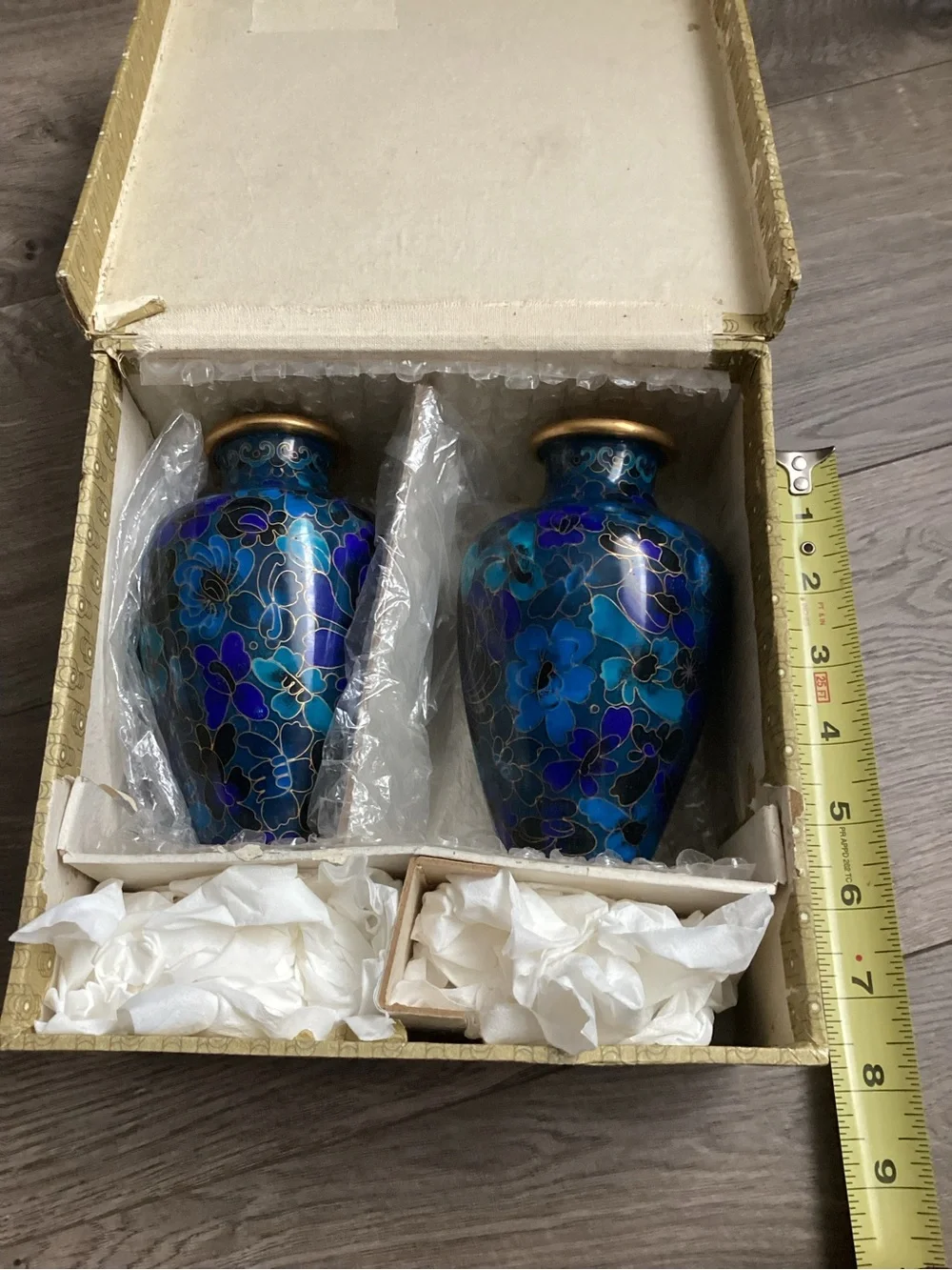 Blue Cloisonné Floral Vases by (Brand Unknown) - Pair